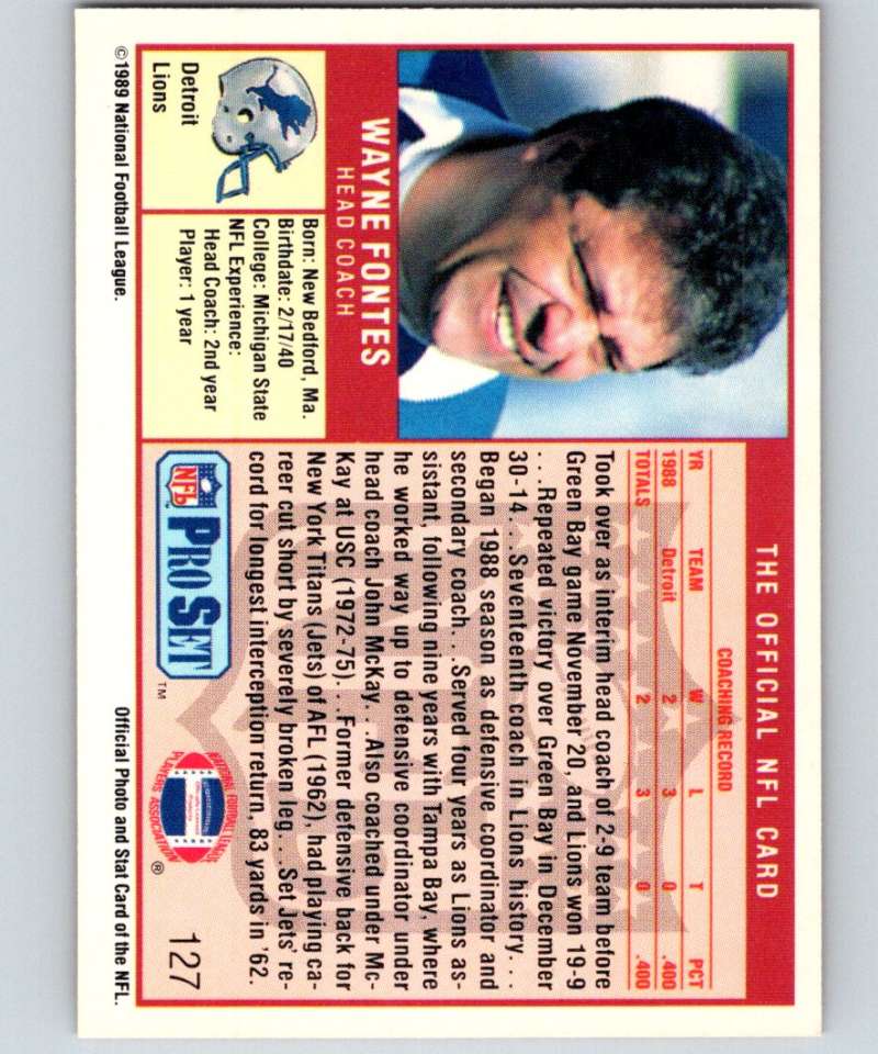 1989 Pro Set #127 Wayne Fontes Lions CO NFL Football Image 2