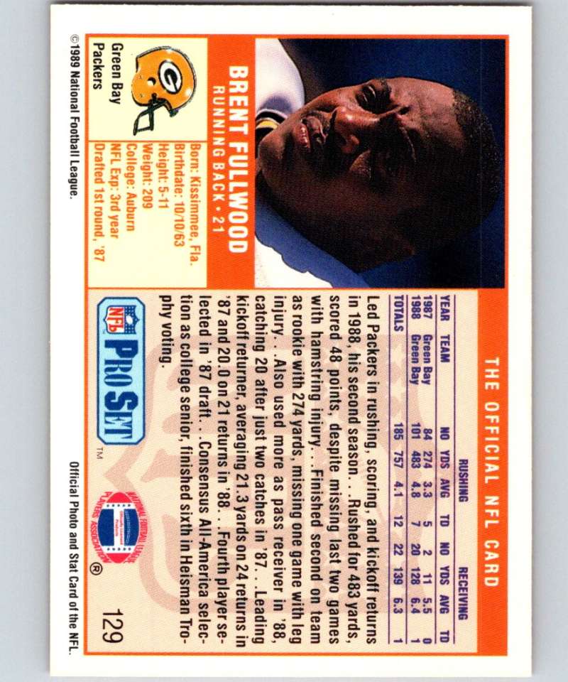 1989 Pro Set #129 Brent Fullwood RC Rookie Packers NFL Football Image 2