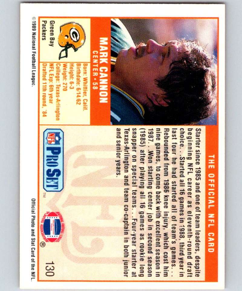 1989 Pro Set #130 Mark Cannon Packers NFL Football Image 2