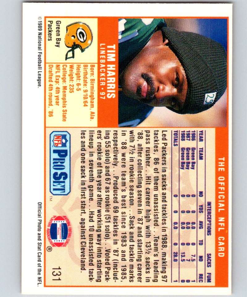 1989 Pro Set #131 Tim Harris Packers NFL Football Image 2