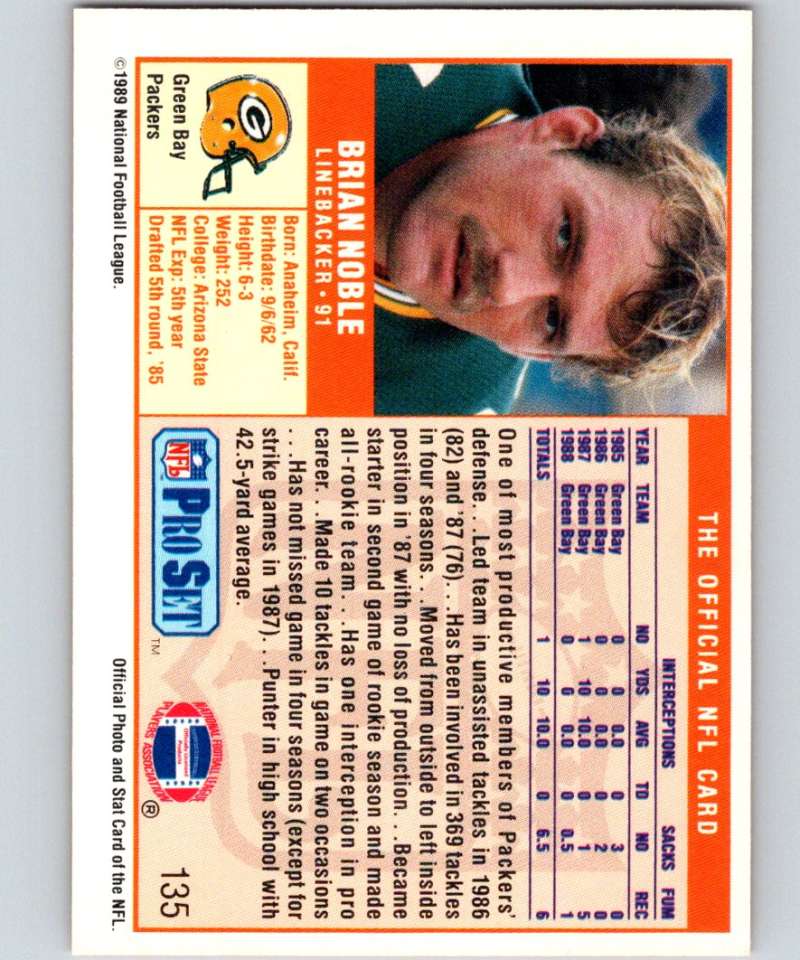 1989 Pro Set #135 Brian Noble Packers NFL Football Image 2