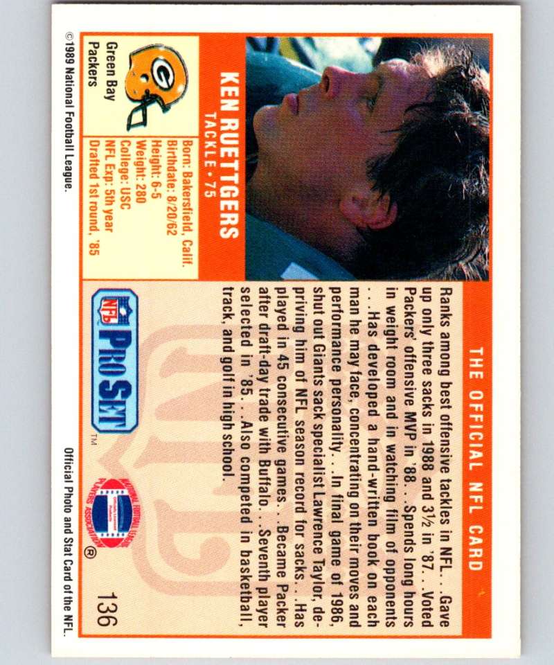 1989 Pro Set #136 Ken Ruettgers RC Rookie Packers NFL Football Image 2