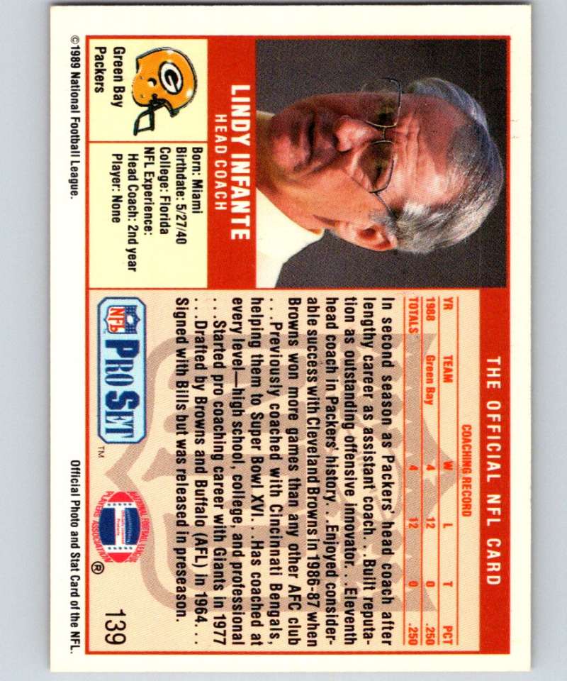 1989 Pro Set #139 Lindy Infante Packers CO NFL Football Image 2