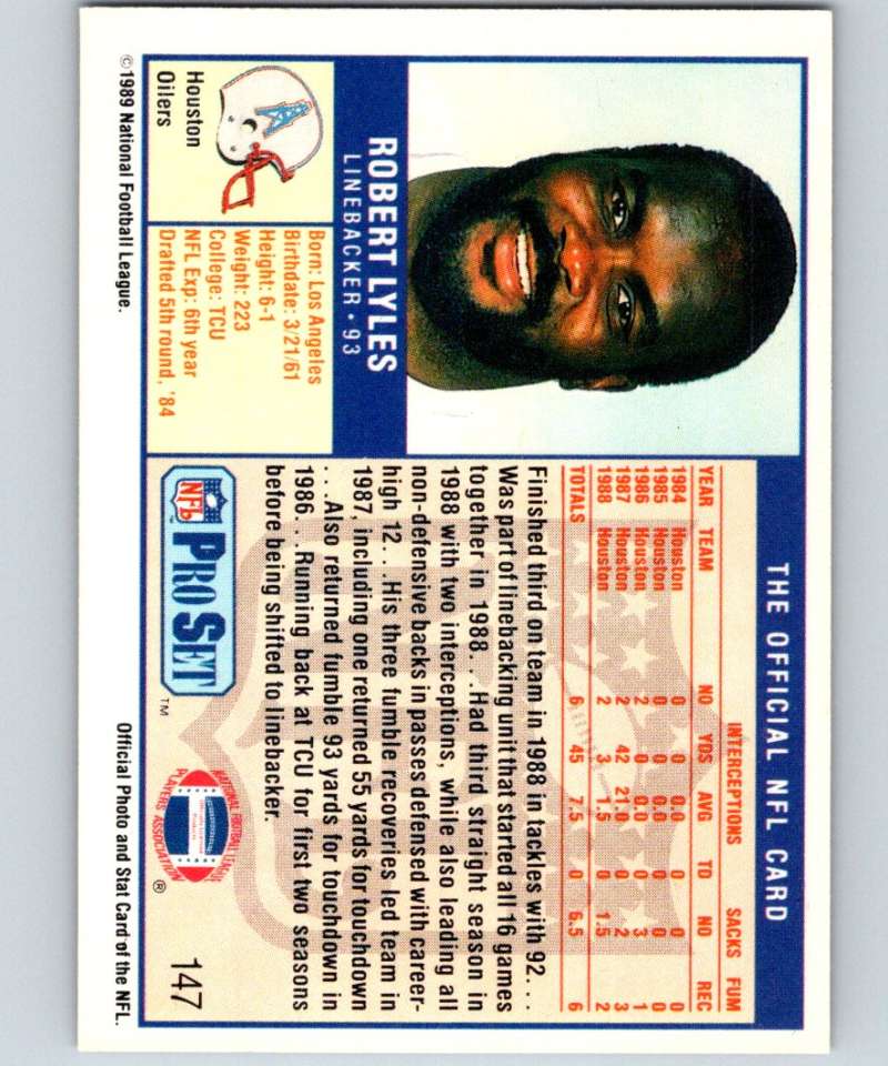 1989 Pro Set #147 Robert Lyles Oilers NFL Football Image 2