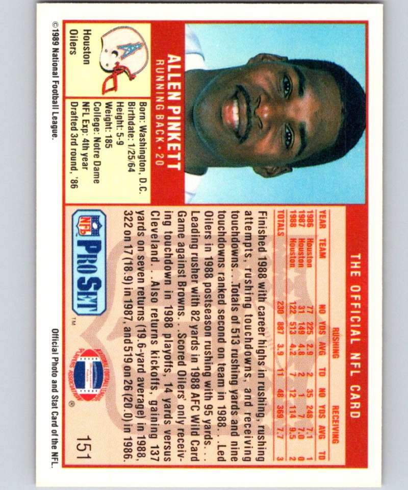 1989 Pro Set #151 Allen Pinkett RC Rookie Oilers NFL Football Image 2