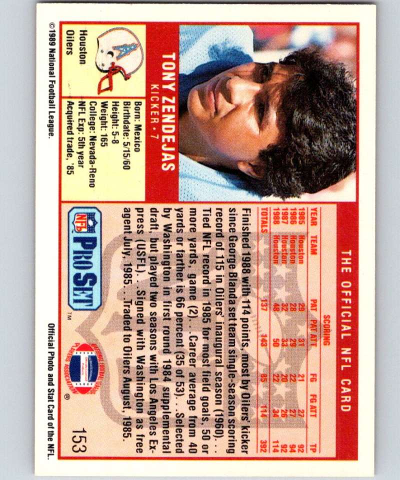 1989 Pro Set #153 Tony Zendejas Oilers NFL Football Image 2