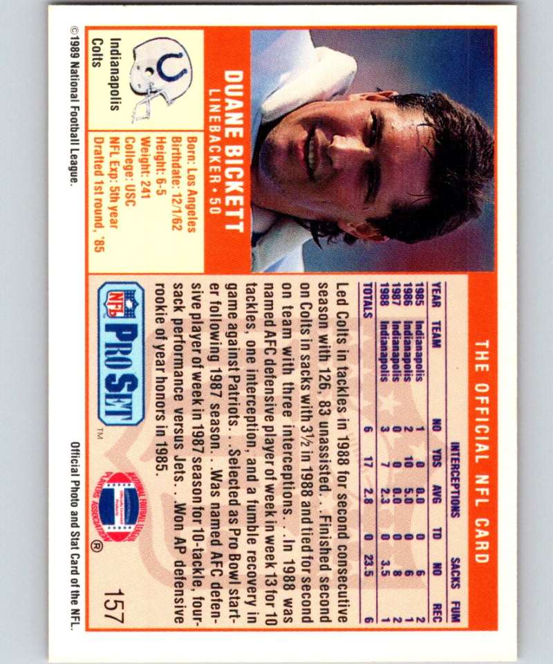 1989 Pro Set #157 Duane Bickett Colts NFL Football Image 2