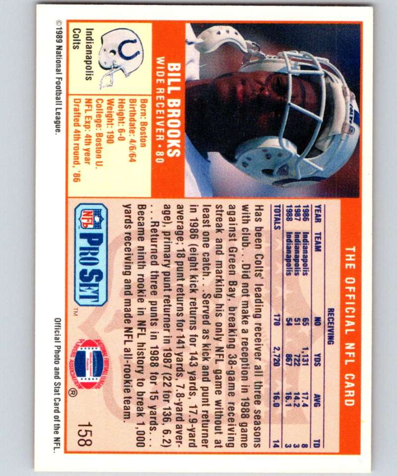 1989 Pro Set #158 Bill Brooks Colts NFL Football Image 2