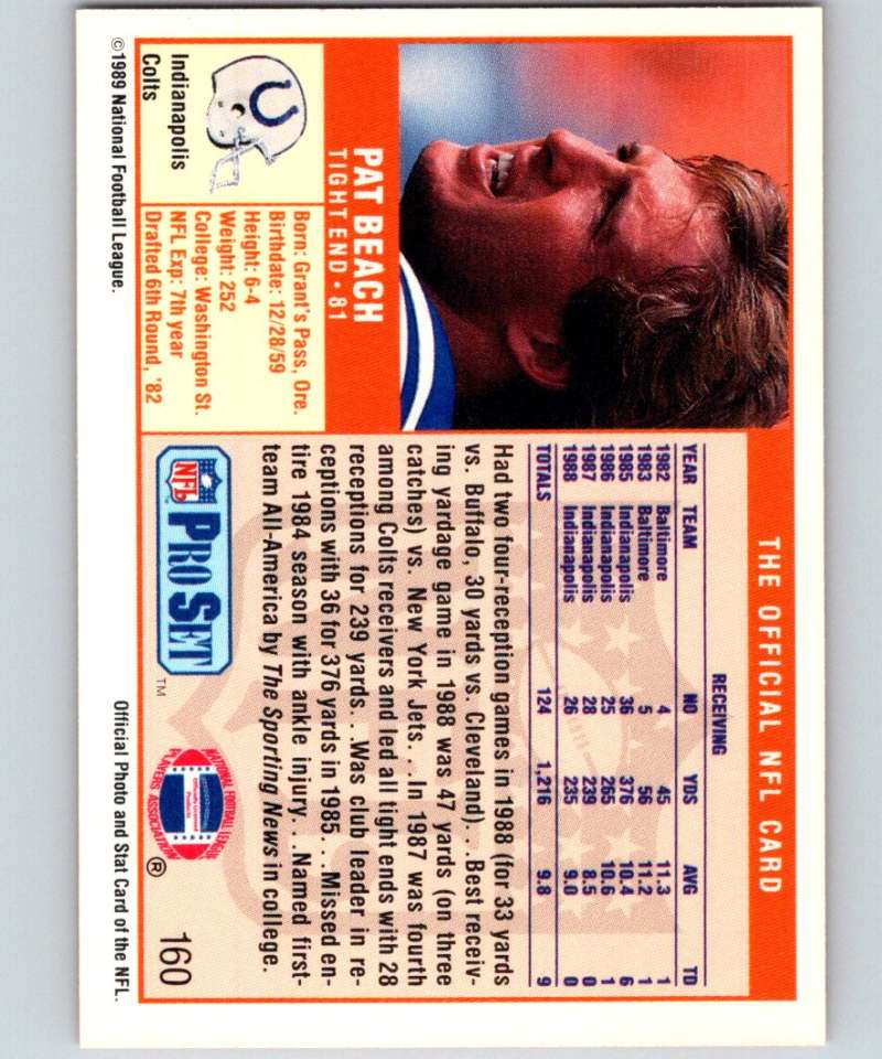 1989 Pro Set #160 Pat Beach Colts NFL Football Image 2