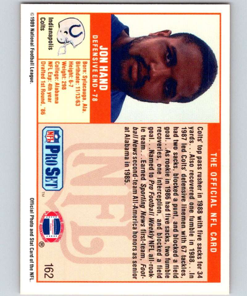1989 Pro Set #162 Jon Hand Colts NFL Football Image 2