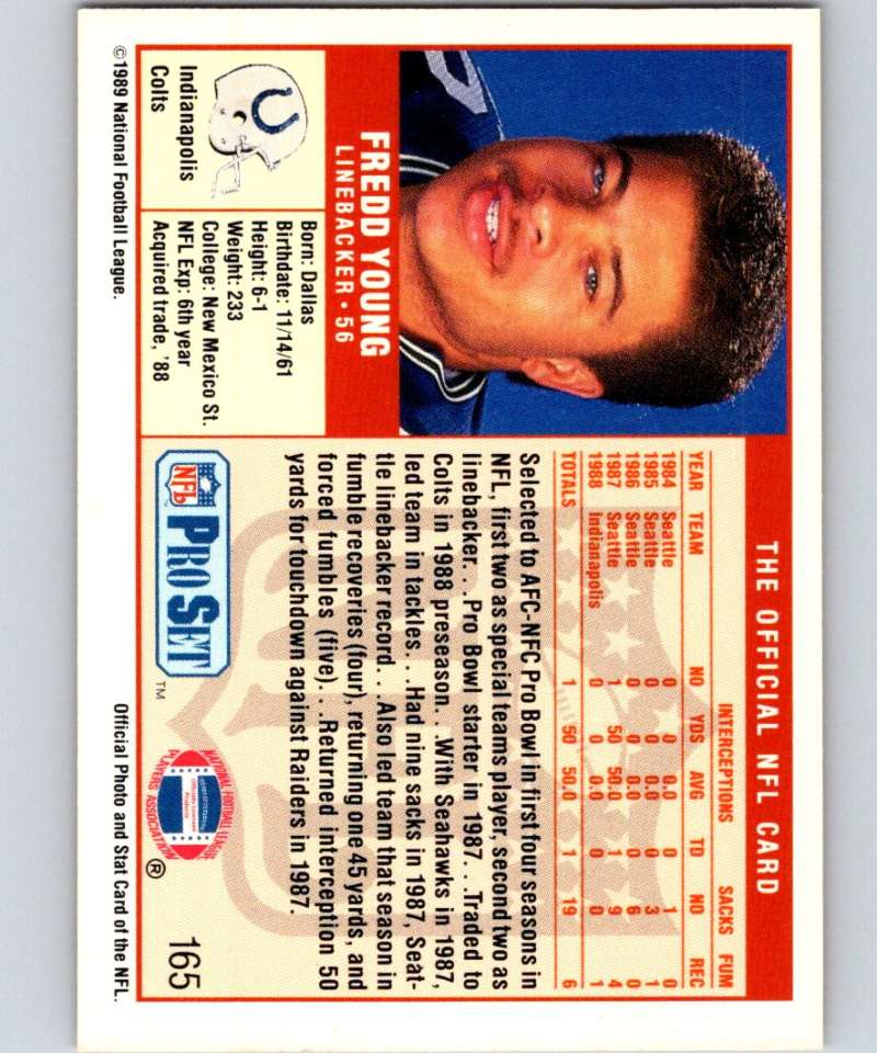 1989 Pro Set #165 Fredd Young Colts NFL Football Image 2