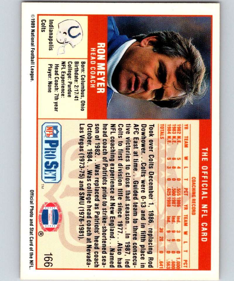 1989 Pro Set #166 Ron Meyer Colts CO NFL Football Image 2