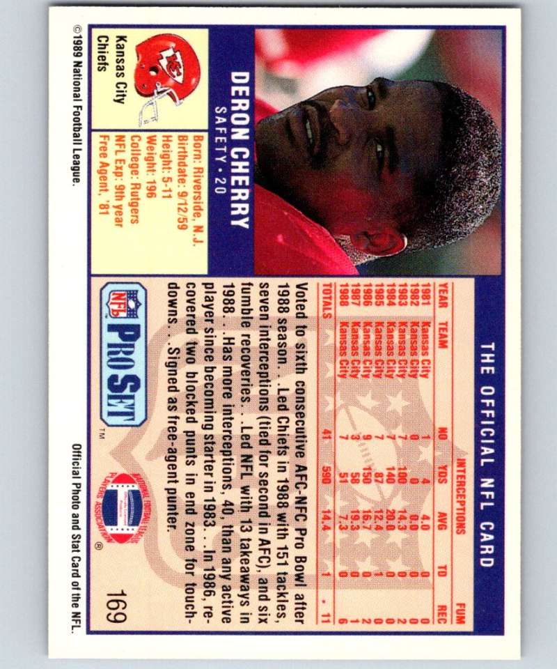 1989 Pro Set #169 Deron Cherry Chiefs NFL Football Image 2