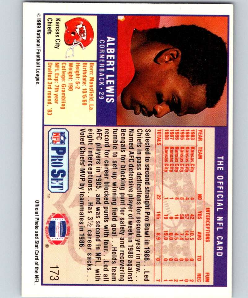 1989 Pro Set #173 Albert Lewis Chiefs NFL Football Image 2