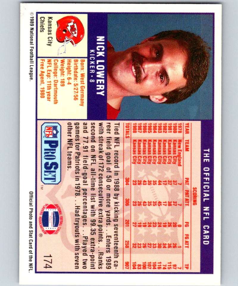 1989 Pro Set #174 Nick Lowery Chiefs NFL Football Image 2