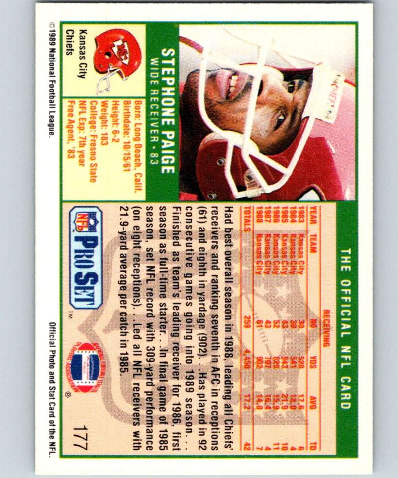 1989 Pro Set #177 Stephone Paige Chiefs NFL Football Image 2