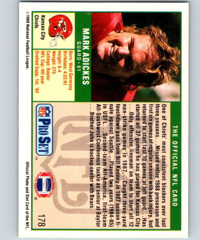 1989 Pro Set #178 Mark Adickes Chiefs NFL Football