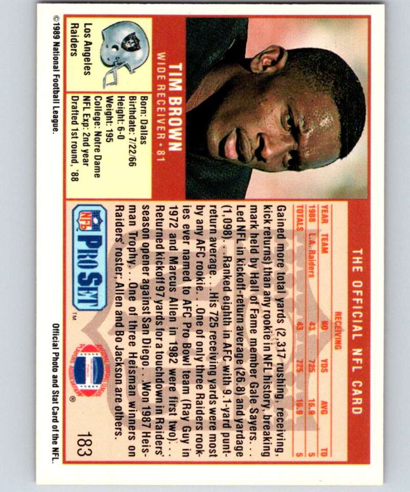 1989 Pro Set #183 Tim Brown RC Rookie LA Raiders NFL Football Image 2