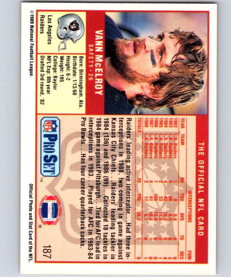 1989 Pro Set #187 Vann McElroy LA Raiders NFL Football Image 2