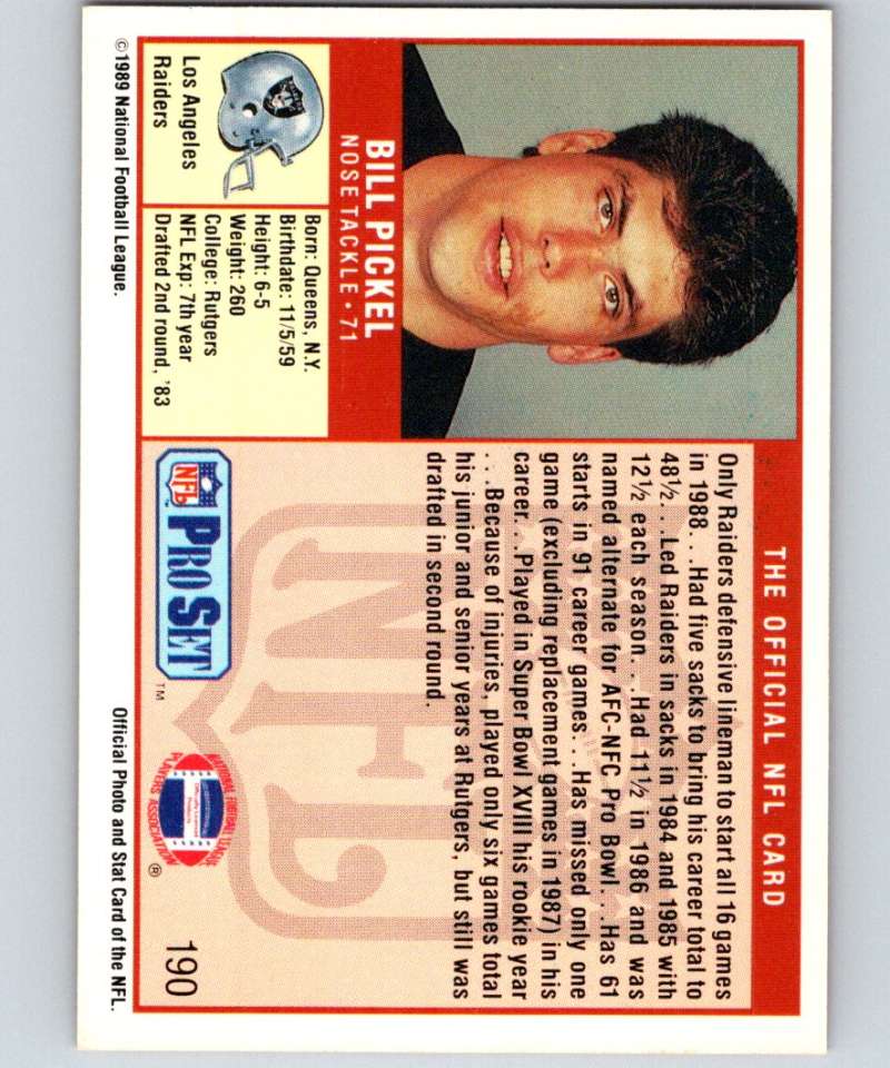 1989 Pro Set #190 Bill Pickel LA Raiders NFL Football Image 2