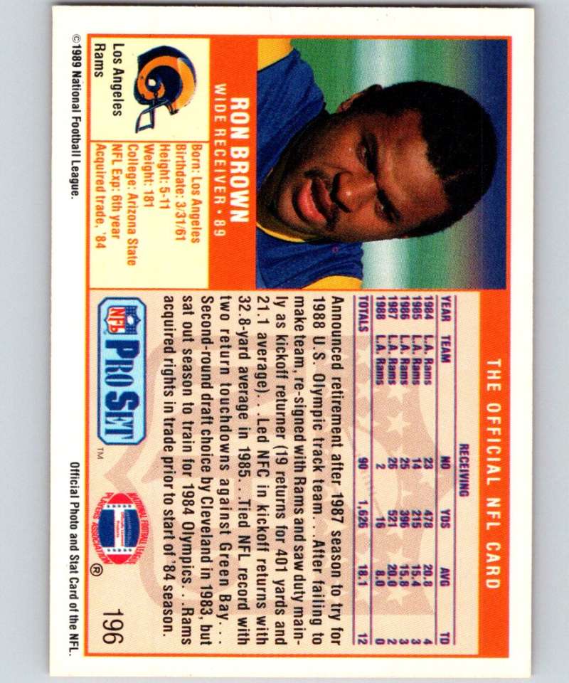 1989 Pro Set #196 Ron Brown LA Rams NFL Football Image 2