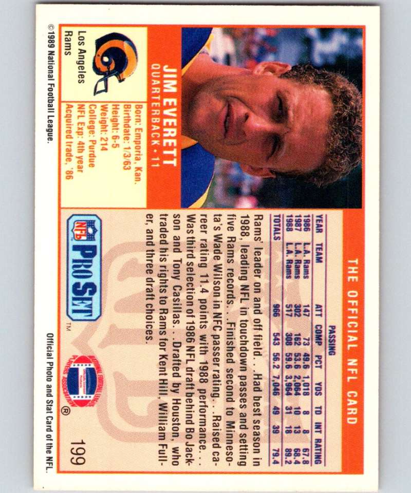 1989 Pro Set #199 Jim Everett LA Rams NFL Football Image 2