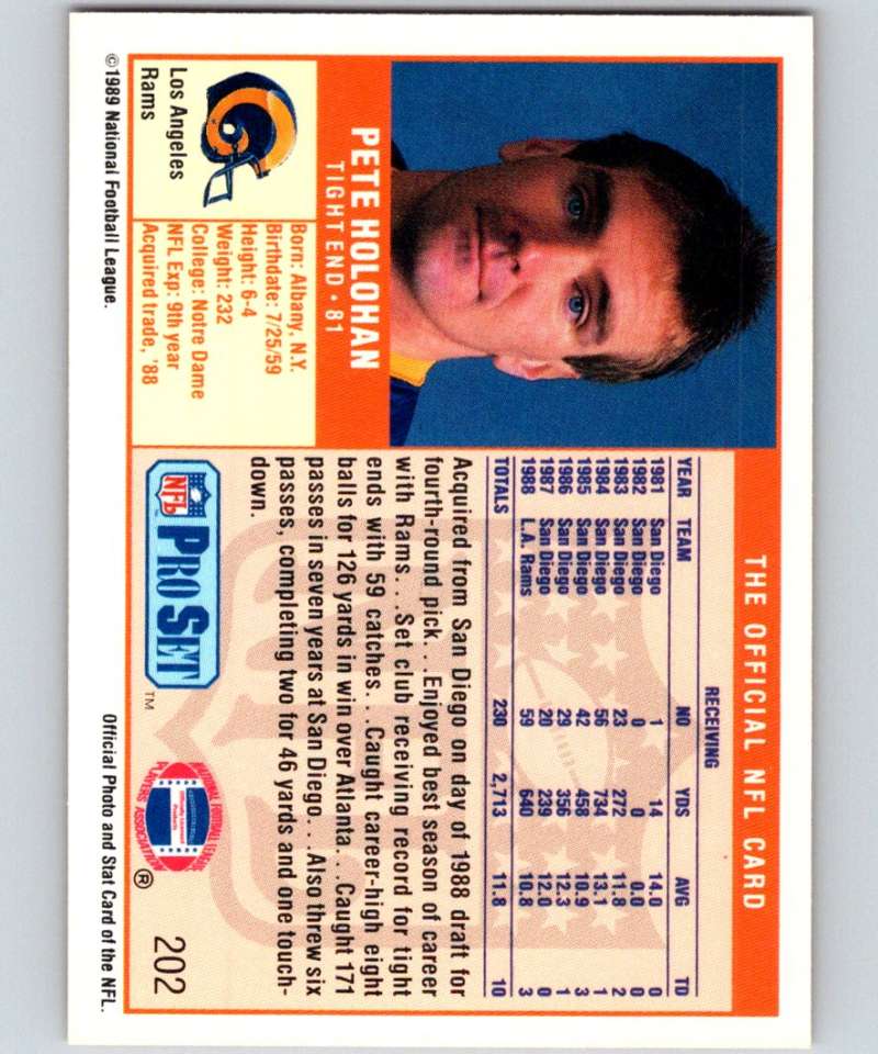 1989 Pro Set #202 Pete Holohan LA Rams NFL Football Image 2