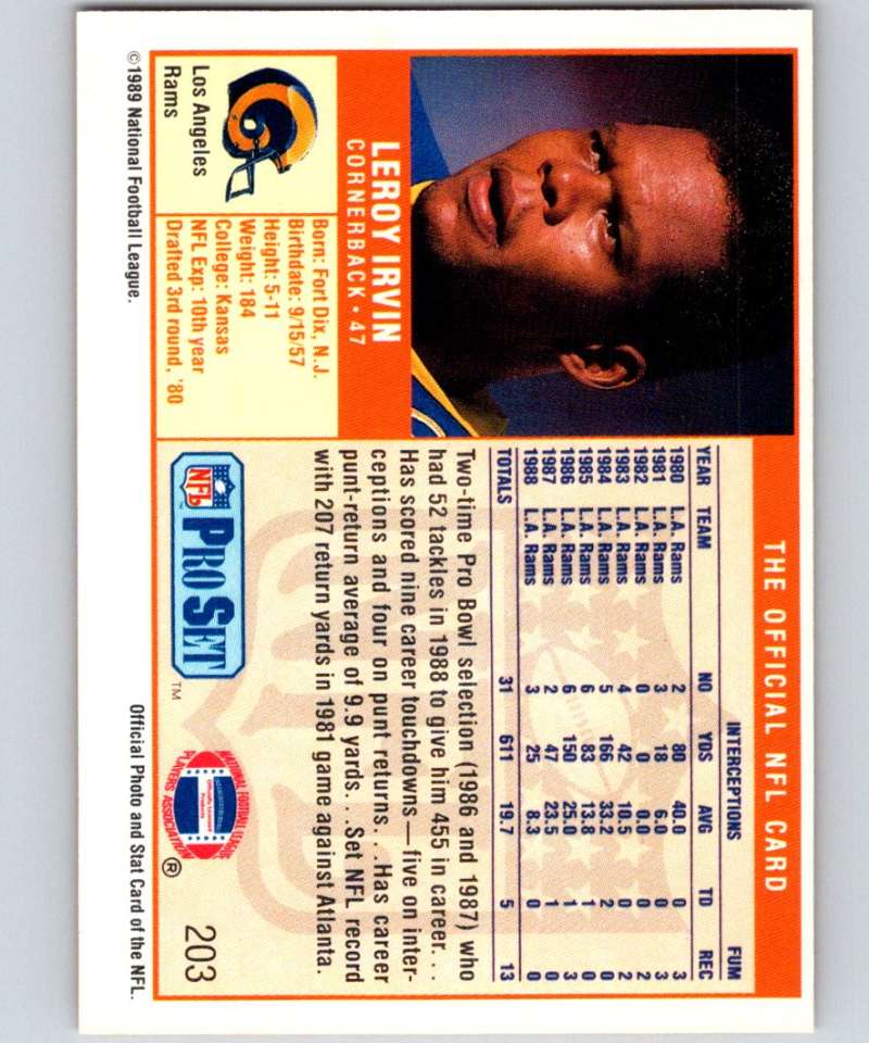 1989 Pro Set #203 LeRoy Irvin LA Rams NFL Football