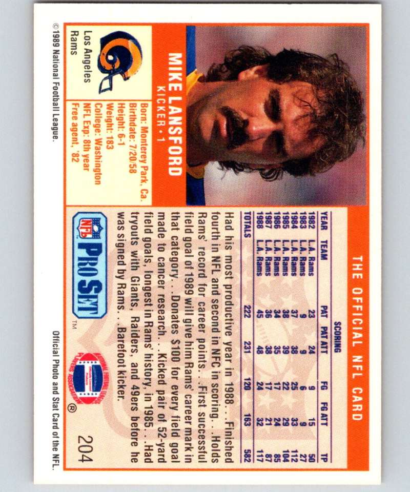 1989 Pro Set #204 Mike Lansford LA Rams NFL Football Image 2