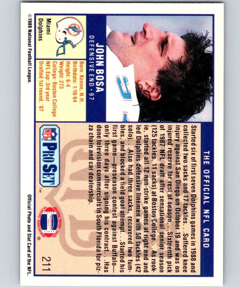 1989 Pro Set #211 John Bosa Dolphins NFL Football Image 2