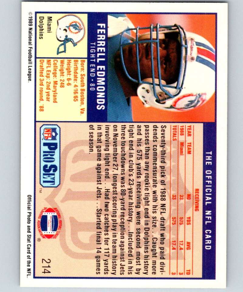 1989 Pro Set #214 Ferrell Edmunds RC Rookie Dolphins ERR NFL Football Image 2
