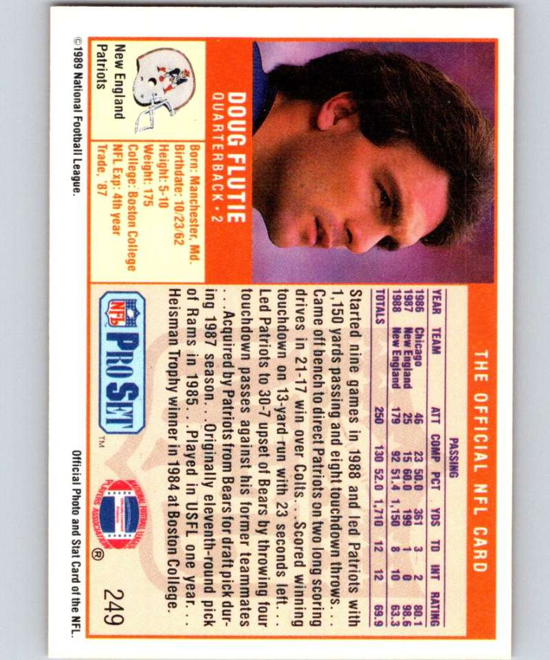 1989 Pro Set #249 Doug Flutie Patriots NFL Football Image 2