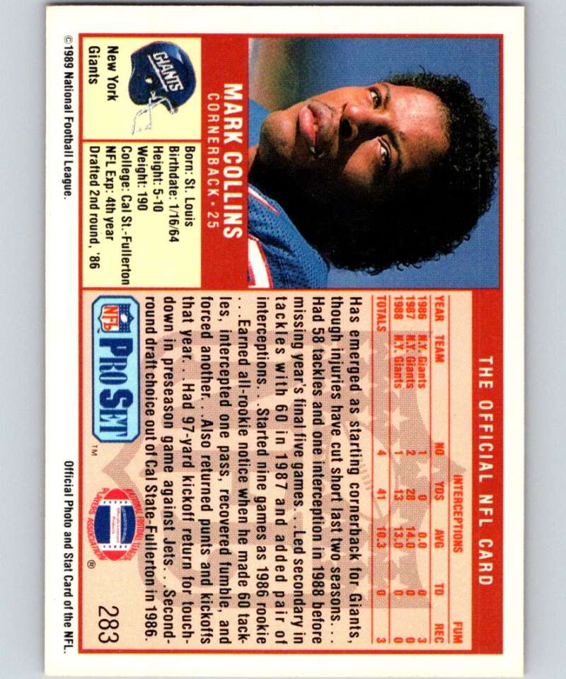 1989 Pro Set #283 Mark Collins RC Rookie NY Giants NFL Football Image 2