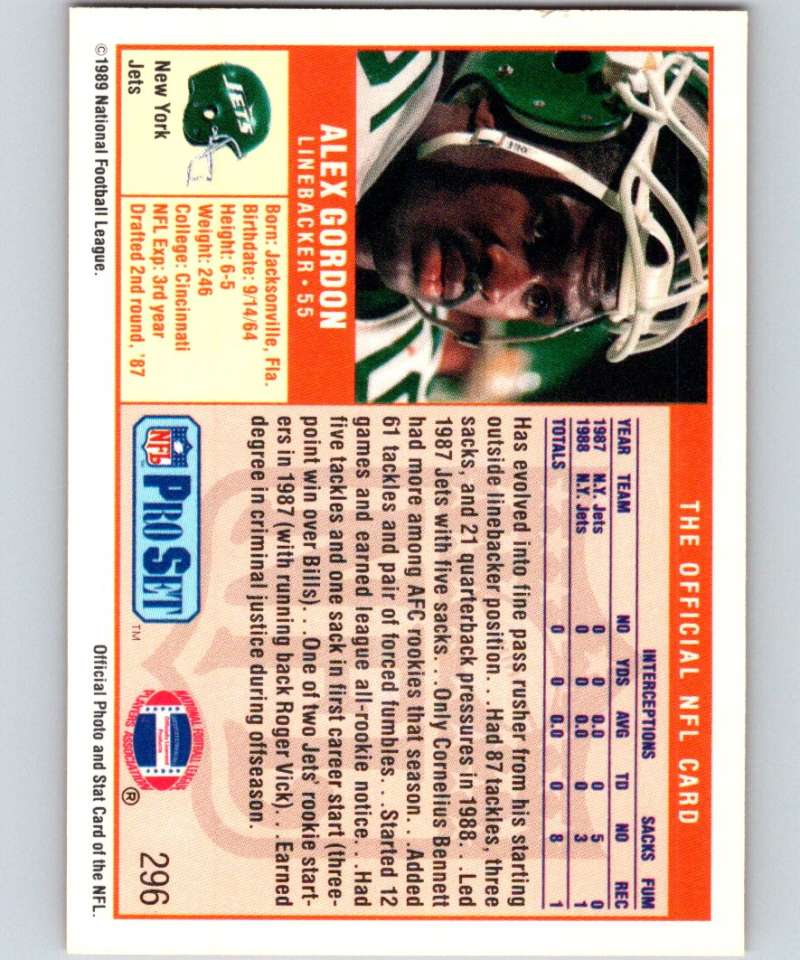 1989 Pro Set #296 Alex Gordon NY Jets NFL Football Image 2