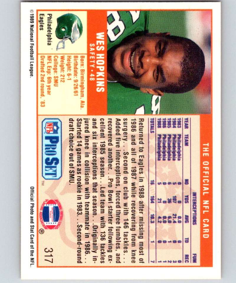 1989 Pro Set #317 Wes Hopkins Eagles NFL Football Image 2