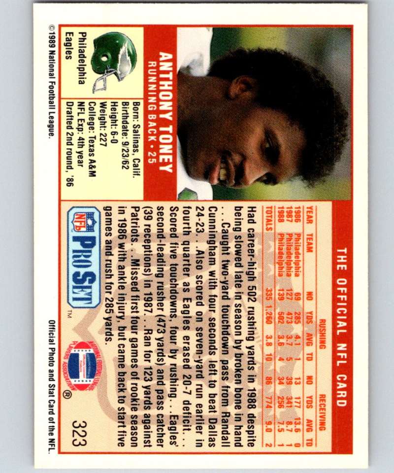1989 Pro Set #323 Anthony Toney Eagles NFL Football Image 2