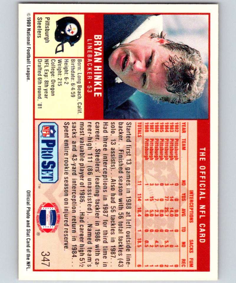 1989 Pro Set #347 Bryan Hinkle RC Rookie Steelers NFL Football