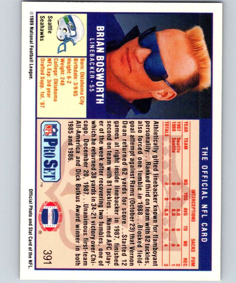 1989 Pro Set #391 Brian Bosworth Seahawks NFL Football
