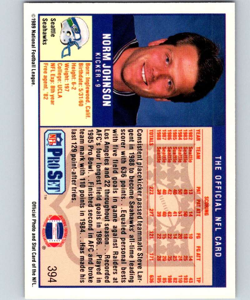 1989 Pro Set #394 Norm Johnson Seahawks NFL Football Image 2
