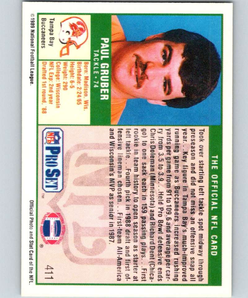 1989 Pro Set #411 Paul Gruber RC Rookie Buccaneers NFL Football Image 2