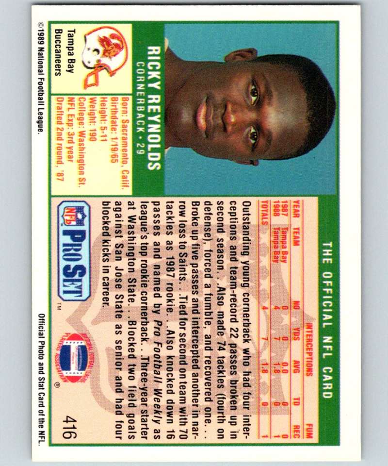 1989 Pro Set #416 Ricky Reynolds Buccaneers NFL Football Image 2