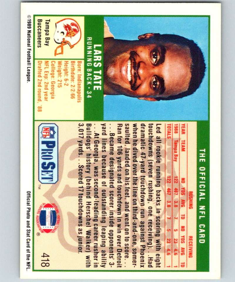 1989 Pro Set #418 Lars Tate Buccaneers NFL Football Image 2