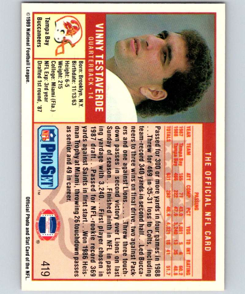 1989 Pro Set #419 Vinny Testaverde Buccaneers NFL Football Image 2