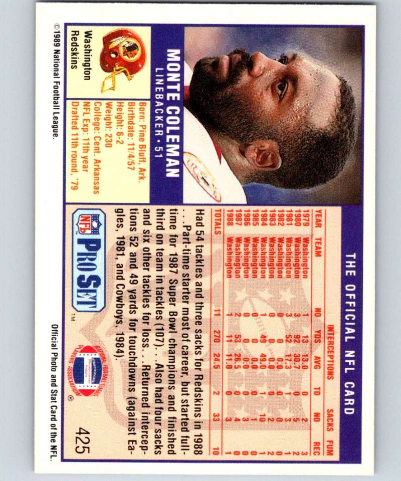 1989 Pro Set #425 Monte Coleman Redskins NFL Football Image 2