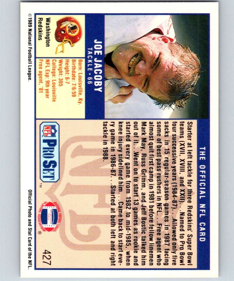 1989 Pro Set #427 Joe Jacoby Redskins NFL Football Image 2