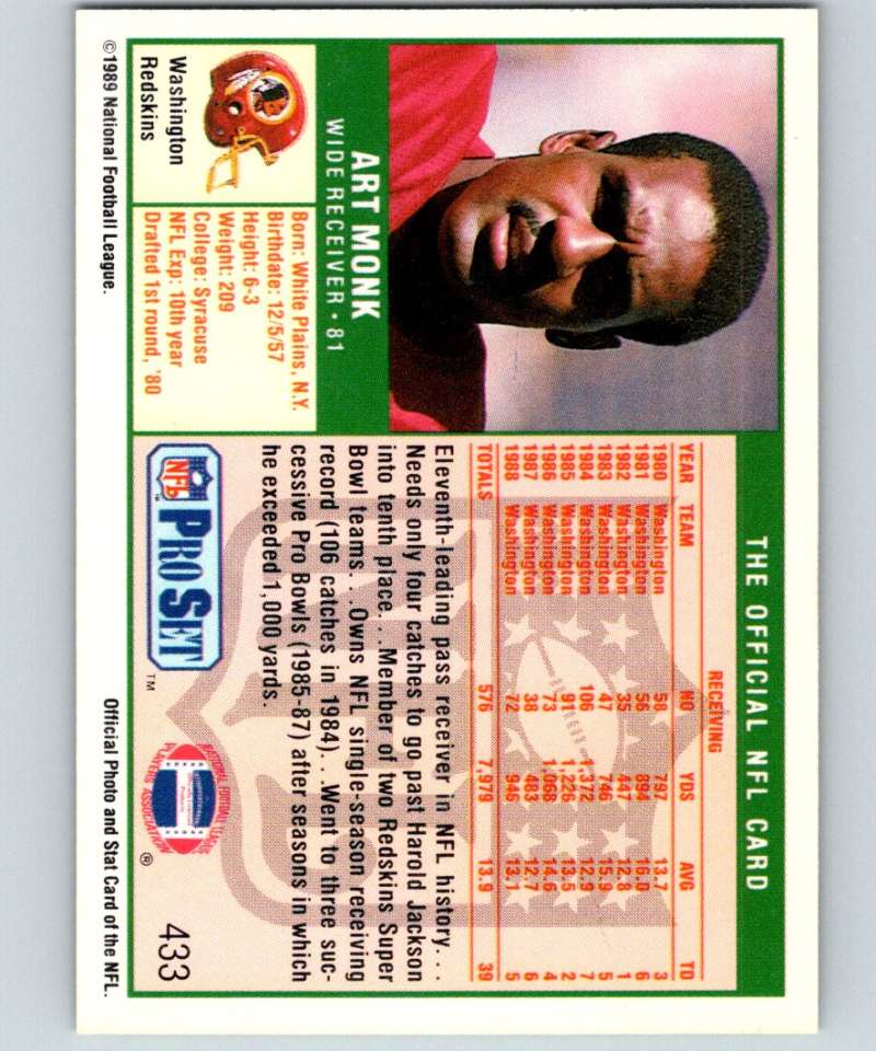 1989 Pro Set #433 Art Monk Redskins NFL Football Image 2
