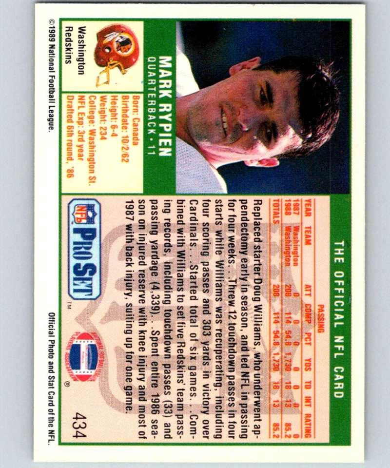 1989 Pro Set #434 Mark Rypien RC Rookie Redskins NFL Football