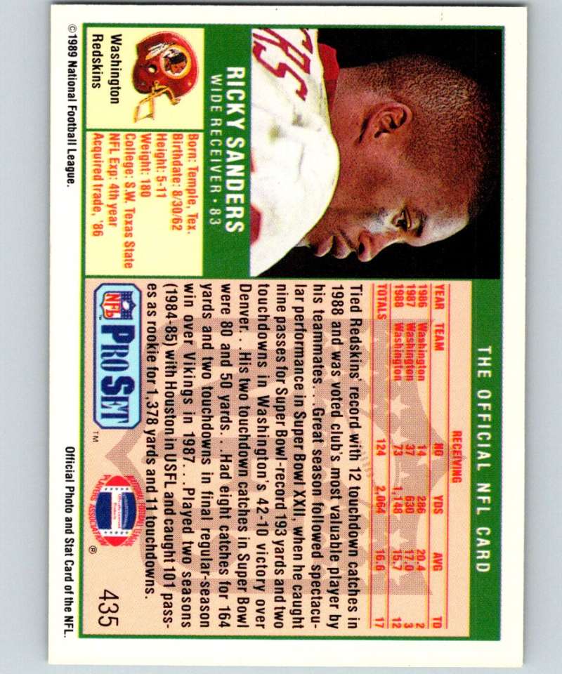 1989 Pro Set #435 Ricky Sanders Redskins NFL Football Image 2