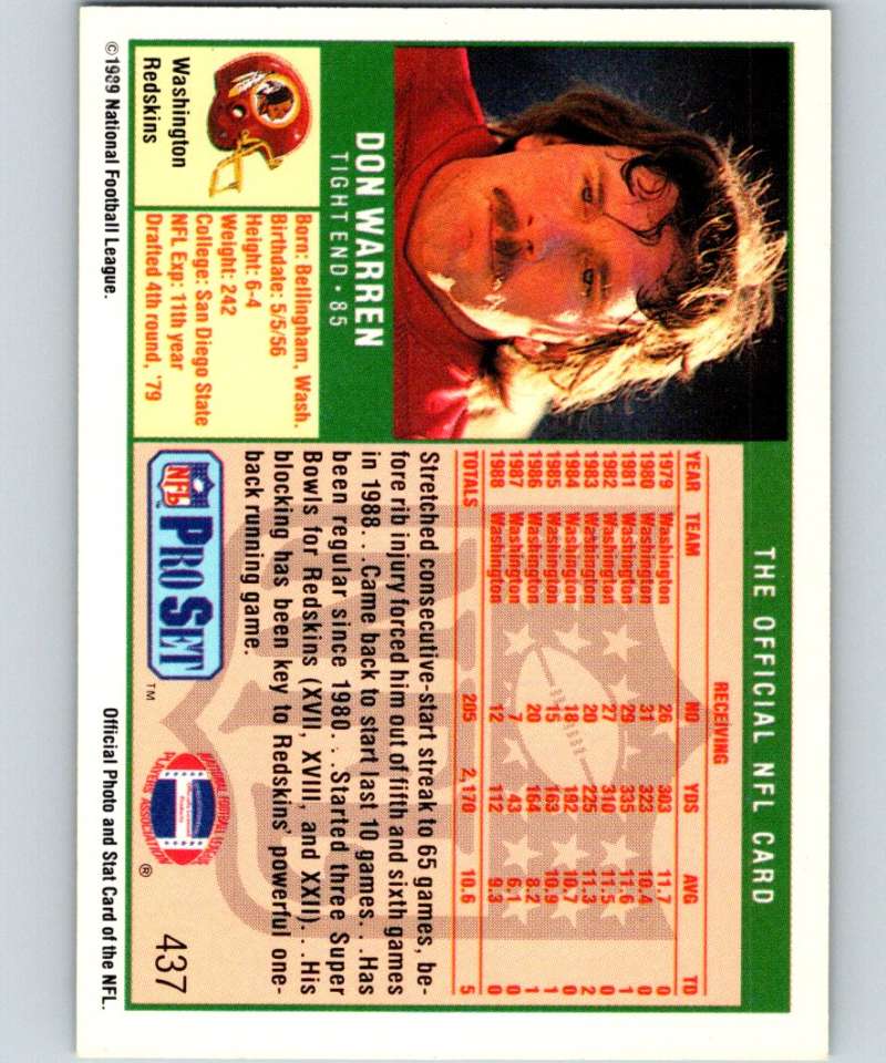 1989 Pro Set #437 Don Warren Redskins NFL Football Image 2
