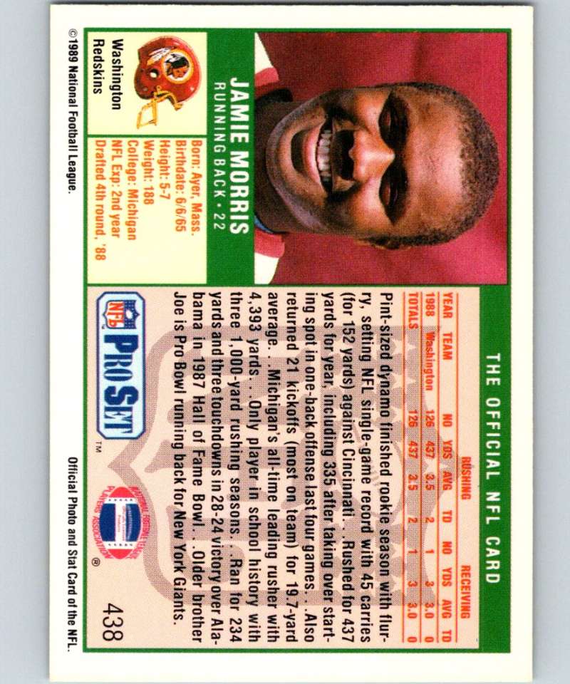 1989 Pro Set #438 Jamie Morris RC Rookie Redskins NFL Football Image 2